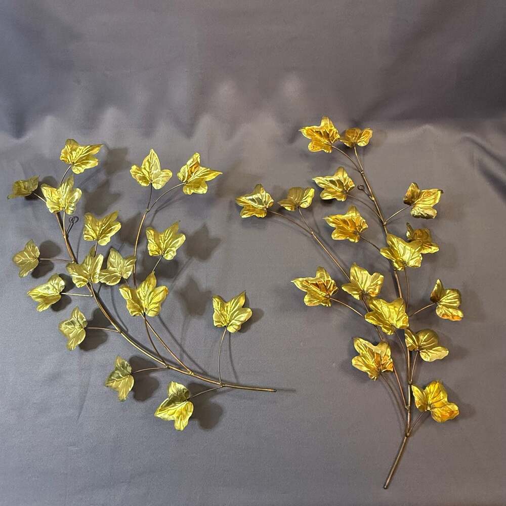 Vintage MCM Brass and Copper Ivy Leaf Metal Wall Art Swags, Set of 2